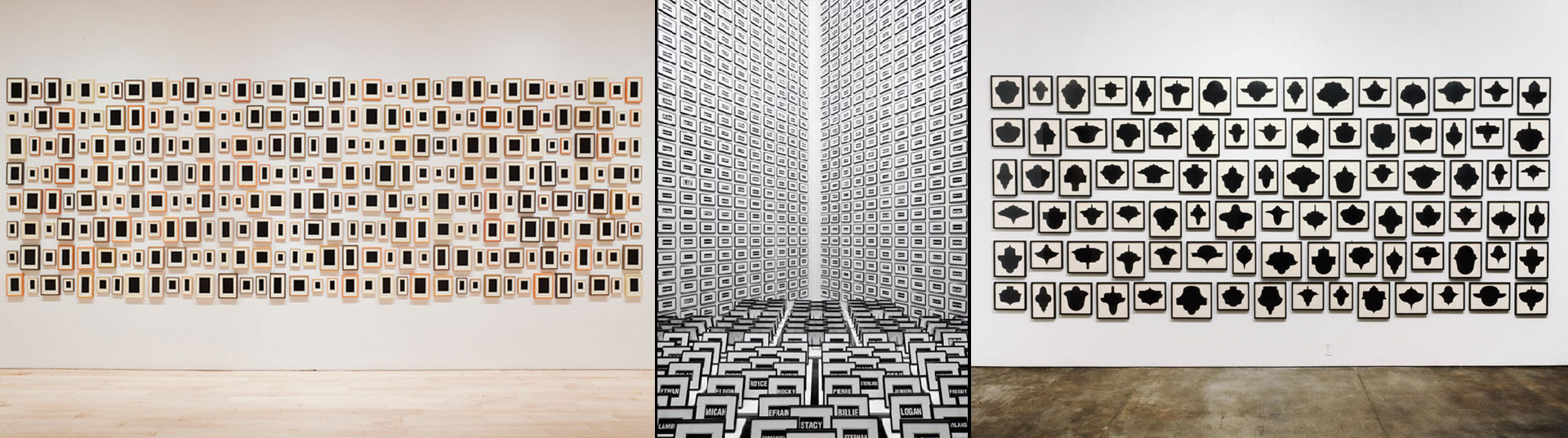 Allan McCullom. Repeating black and white paintings; framed and densely packed.