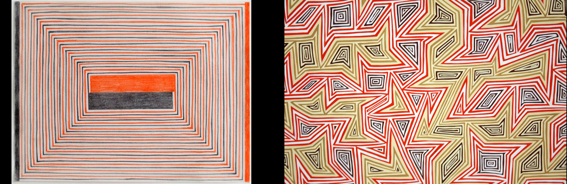 James Siena. Orange and black concentric circles and jagged, repeating lines that form triangles and more complex polygonal shapes.