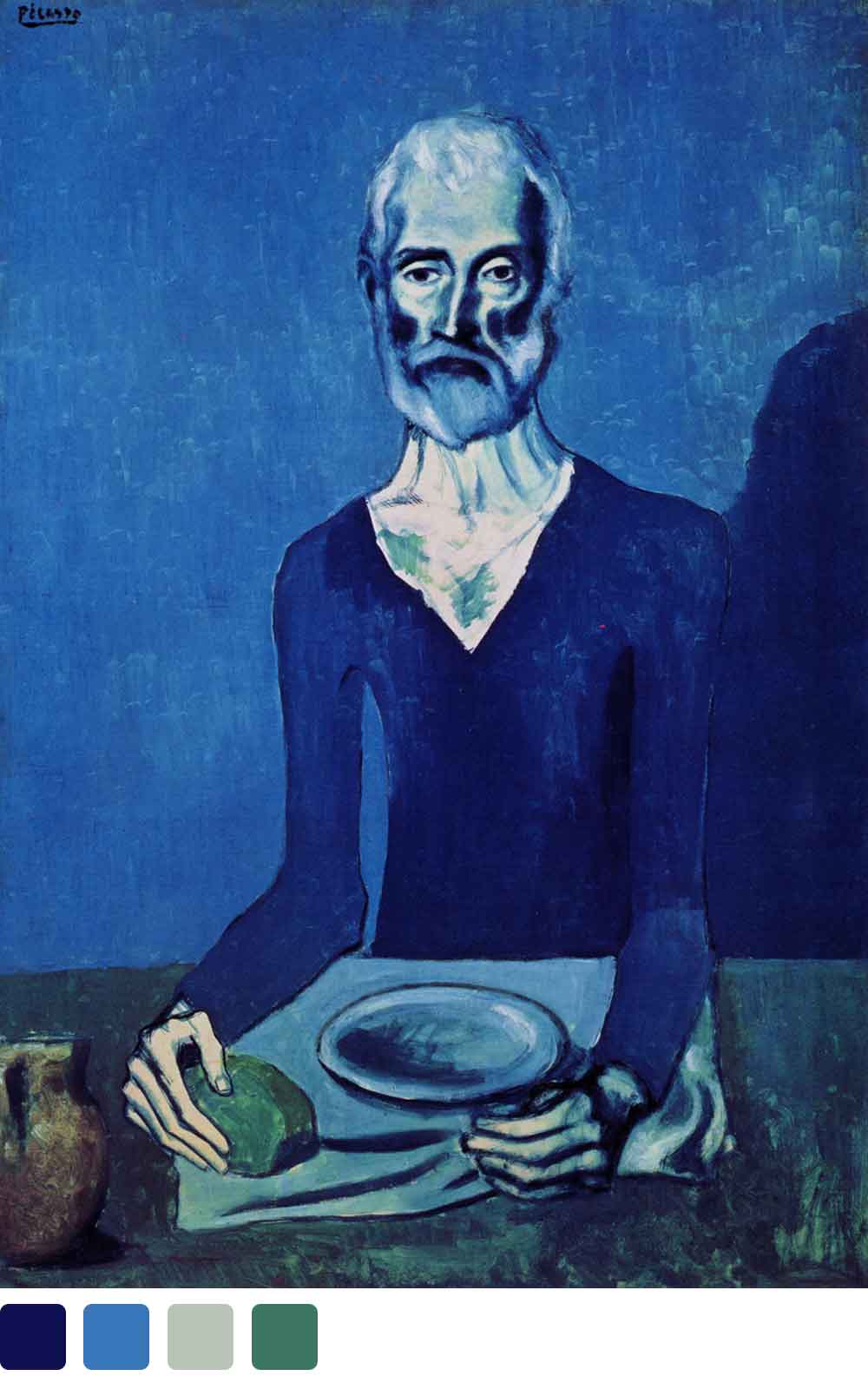 Picasso, The Ascetic, older man with white hair and beard sitting at a dinner table with plate, despite the white skin of the man, most colors are variations of blue with an occasional green, beige, and brown